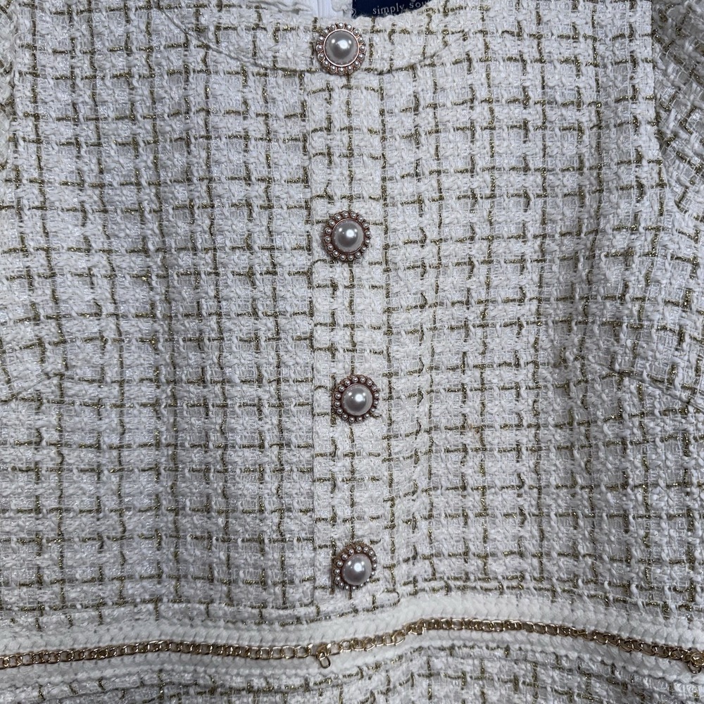 Simply Southern Tweed Dress Size S White Gold Pearl Button Puff Sleeve - Picture 2 of 9